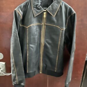 Barneys New York Black and Brown Leather Bomber Jacket